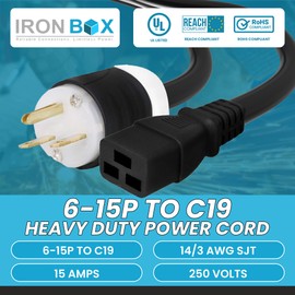 IronBox Electric - Heavy Duty 6-15P to C19 Power Cord - Rated for 15A/250V, 14/3 AWG SJT Jacket - Durable Power Cable for Servers, PDU, IT Equipment - Ideal for Data Centers & Offices (10 ft, Build)