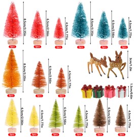 Yookat 51Pcs Mini Pine Trees Artificial Mini Trees with Wood Base Sisal Trees Bottle Brush Trees Assorted Color and Deer Boxes Winter Snow for Christmas Decoration (Multicolor-4)