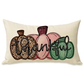 Fahrendom Thankful Thanksgiving Lumbar Decorative Rectangle Pillow Cover 12 x 20, Fall Leopard Pink Green Pumpkin Porch Patio Outdoor Pillowcase, Autumn Seasonal Sofa Couch Cushion Case Home Decor