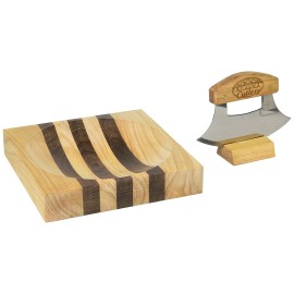 Alaska Ulu Knife Set-Curved Knife  Wood Handle plus Chopping Board with Bowl 8"