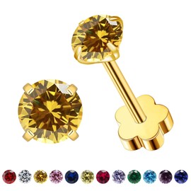 Flower Screw Back Birthstone Stud Earrings for Women Girls, 3mm G23 Tiny CZ Flat Back Stud Earrings, Screw Back Helix Earrings (Gold, 11.Nov-Topaz)