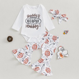 baorji Newborn Baby Girl Football Outfits Daddy’s Football Buddy Long Sleeve Romper Flare Pants Headband Set Fall Clothes (White, 0-3 Months)