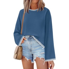 ZESICA Women's Oversized Long Sleeve Sweaters Fall Crewneck Color Block Loose Ribbed Knit Pullover Tops,Dustyblue,Medium