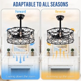 Maxax 19 Inch Black Caged Ceiling Fan with Light, Crystal Flower Ceiling Fan with Lights and Remote, Modern Industrial Fandelier Ceiling fan for Hallway, Bedroom, Living Room