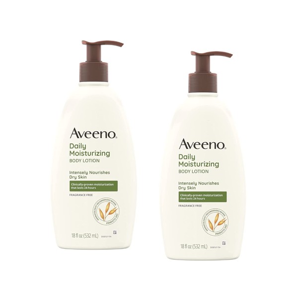 Aveeno Daily Moisturizing Body Lotion with Soothing Oat and Rich Emollients to Nourish Dry Skin, Fragrance-Free, 18 fl. oz (Pack of 2)
