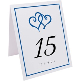 Linked Hearts and Border Wedding Table Numbers (Select Color/Quantity), White, Royal Blue, 1-30, Double Sided, Tent or Use in a Stand, Great for Parties & Restaurants