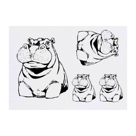 4 x 'Hippo Portrait' Temporary Tattoos - Water Resistant, Skin-Safe, Non-Toxic Transfers, Mixed Sizes (TO00085834)
