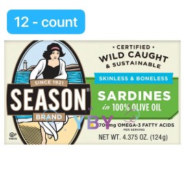 Season Skinless & Boneless Sardines in Olive Oil, 12-count, Total 52.5 oz
