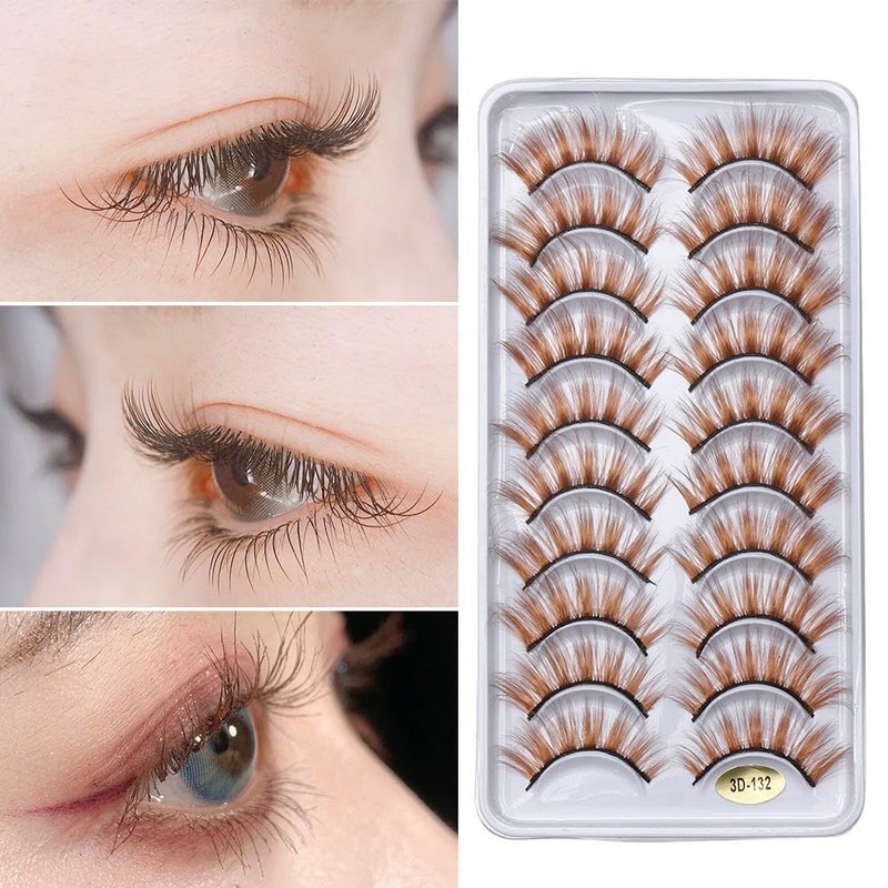False Eyelashes 10 Pairs Brown Natural Eyelashes Fluffy Cat Eye