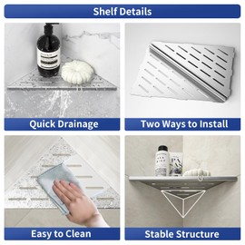 Bernkot Corner Shower Shelf 10" Brushed 304 Stainless Steel Slot Design Recessed Corner Shelf Bathroom Shelf Rack for Tiled Wall, No Drilling