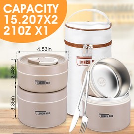 mekueeex 3 Pcs Portable Insulated Lunch Container Set for Adult, Stackable Stainless Steel Bento Box for Hot Food with Insulated Lunch Bag Unisex 3 Separate Thermal Food Container(Khaki)
