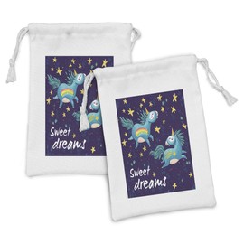 Ambesonne Saying Fabric Pouch Set of 2, 2 Unicorns Flying in Night Sky Childhood Fantasy Themed Cartoon, Small Drawstring Bag for Toiletries Masks and Favors, 9" x 6", Multicolor