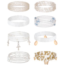 Tornito 8Pcs 31.5 Inches African Waist Bead Chain Elastic Belly Beads Butterfly Shell Layered Body Chain Colorful Jewelry Accessories for Women White