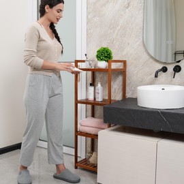 Utoplike Teak Wood Bathroom Shelf Organizer Stand, Standing Shelves Shower Caddy Units, Freestanding 4 Tier Bath Storage for Floor, Kitchen, Office