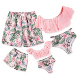 IFFEI Family Matching Swimsuits Two Pieces Leaves Printed Ruffles Bikini Set Off Shoulder Mommy and Me Bathing Suits Pink Men: M