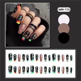 Press on Nails Medium Black False Nails Colorful Gradient Dot Design Artificial Nails Ballet Shaped Fake Nails Full Cover Glossy Glue on Nails Acrylic Press Nails with Charm Stick on Nails for Women