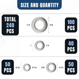 Fender Washers for Screws — 240Pcs Washers Assortment, Washers for Bolts in 4 Different Sizes (1/4 x 5/8”, 1/4 x 1”, 5/16 x 0.35”, 3/8 x 0.75”)—Stainless Steel Washers for Home & Industrial Usage