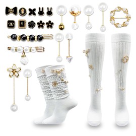 LOHO WONDERZ 2 Pairs White Slouch Socks with 21 Pcs Sock Charms Pins Jewelry for DIY Socks Shoes Hat Clothing Accessories (White)