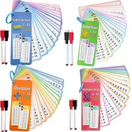 Math Flash Cards 4 Sets Erasable Multiplication Flash Cards 0-12 Educational Math Flashcards with Pens for Kids Add Subtract Divide Multiply for Kids Self Check Classroom Home