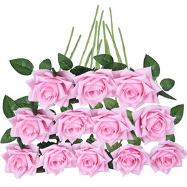 GREENTIME 12 Pack Pink Fake Roses Artificial Flowers with Stems Silk Flower Bouquet for Home Table Centerpiece Wedding Bridal Decor Baby Shower Engagement Party Decorations