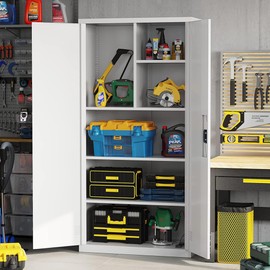 EazeHome 72" Metal Garage Storage Cabinet, Locking Storage Cabinet with 2 Doors and Adjustable Shelves, Heavy Duty Kitchen Pantry for Home Office, Warehouse, Gym, Kitchen, White