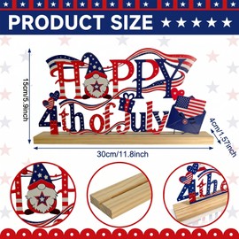 4th of July Decorations ,Metal Happy 4th of July Sign with Wooden Base, Patriotic Red White Blue Decor with American Flag Ribbons & Gnomes, Independence Day Table Centerpiece for Home Tiered Tray Shelf Mantel Desk Office(Happy 4th of July)