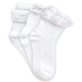 Jefferies Socks Girl's Seamless Eyelet Lace Ruffle Bubble Stitch Ankle Socks 3 Pair Pack, White, Toddler