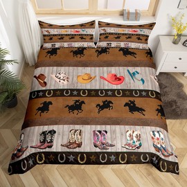 Western Cowboy Duvet Cover Western Horseshoe Boots Hat Bedding Set Vintage Farmhouse Wooden Comforter Cover(No Filler) for Boys Girls Kids Room Decor Bedding Set Twin Size with 1 Pillowcase