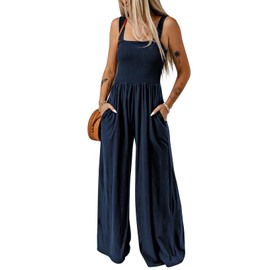 Dokotoo Loose Jumpsuits for Women Overalls Oversized Solid Color Wide Leg One Piece Sleeveless jumpsuit Long Pant Romper with Pockets 2025 Fashion Blue Large