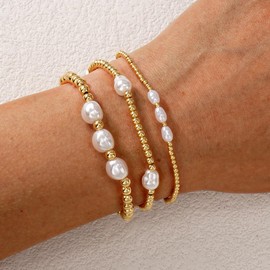 Bohxantium Gold Beaded Bracelet Stack for Women - 14K Gold Plated Beads Stretch Pearl Bracelets Set, Non Tarnish Trendy Stackable Jewelry Gifts for Birthday Beach Vacation Prom Friendship