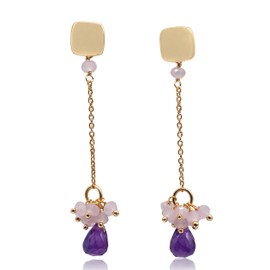 KOKO Long earrings made of rose quartz and amethyst, real 18 carat gold plated, jewellery with natural gemstones, for women and young women, gift box included, Brass, Quartz Amethyst
