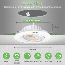 ALUSSO LIGHTING LED Recessed Spotlight, 230 V, 6 W, 540 lm, Diameter 75 mm, Swivelling Recessed Spotlight with Removable LED Module, Dimmable 3CCT Warm White, Neutral White, Cool White, 60°/120°