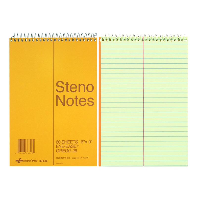 National Steno Notebook, Gregg-Ruled, Green Eye-Ease Paper, Brown Cover, 6"