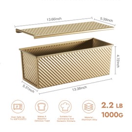 CURTA 2 pcs Commercial Pullman Loaf Pan with Lid 2.2 lb Dough Capacity, Bakeware, with Non-Stick Coating, Bread Pan with Lid, Ripple Toast Box Mold, Champagne Gold