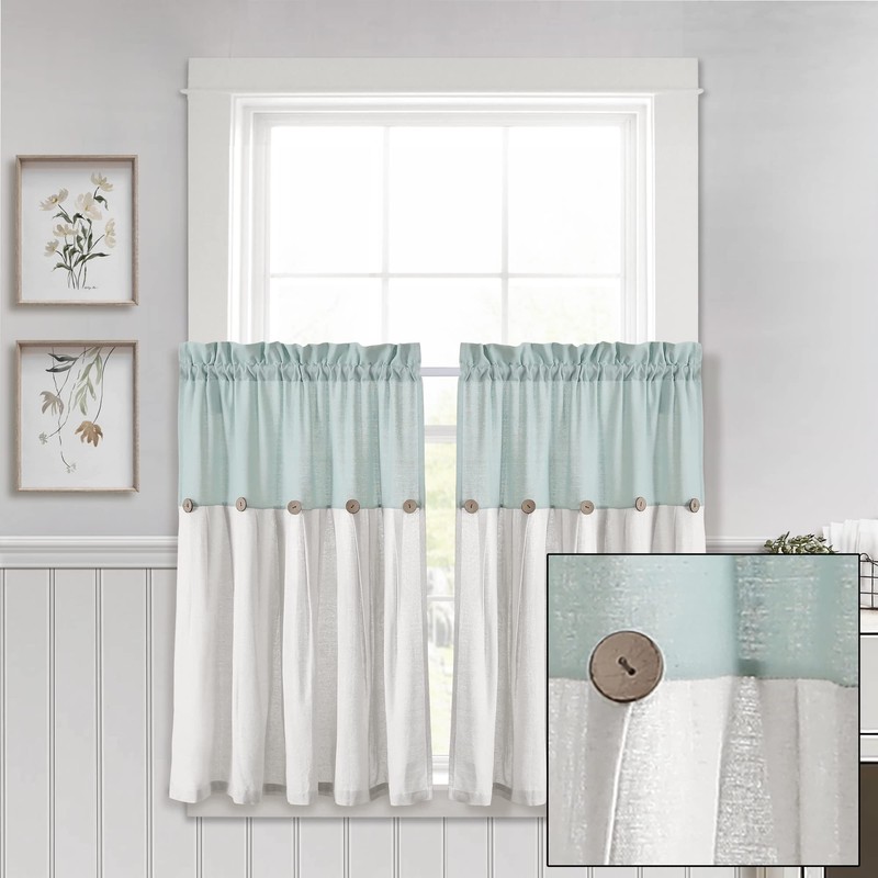 Lush Decor Linen Button Farmhouse Kitchen Tier Curtain Set, Pair,