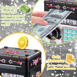 Piggy Bank for Kids Girls Boys with Password Code Lock Cash Coin Can Piggy Bank Girls Electronic Money Safe Bank for Kids Money Box with DIY Diamond Sticker Gift for 3-12 Year Old Boys (Silver)