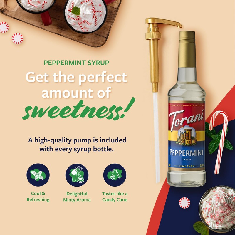 Torani Coffee Syrup, Peppermint Flavored Syrup for Drinks, Pump Included,