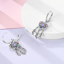 NARMO 925 Sterling Silver Earrings Colorful Dream Catcher Dangle Hoop Earrings for Women