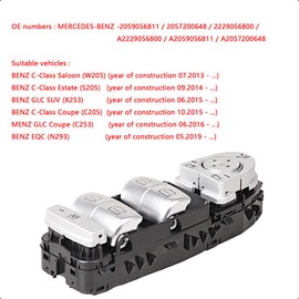 LoreenCar Power Window Switch [OE 2057200648 2059056811] for Mercedes C-Class W205/S205, GLC X253/C253, EQC N293, Front Driver Side Electric Window Control Button 2229056800