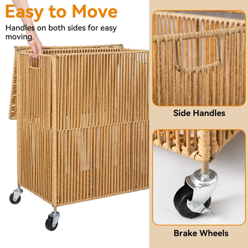 WOWLIVE Laundry Hamper with Wheels, Handwoven Rolling Laundry Basket with
