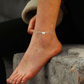 Relveo Silver Ankle Bracelets for Women,Silver Butterfly Anklets for Women Charm Adjustable Anklet Round Beads Beach Stylish Foot Chain,Layered Anklets for Girls Jewelry Gifts for Mom Girlfriend