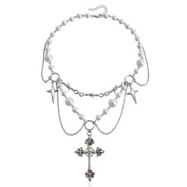 JUSTUSNX Punk Crystal Cross Pearl Necklace Silver Gothic Rhinestone Choker Crucifix Pendant Necklace for Women and Girls (A)