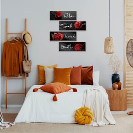 4 Pieces Red Rose Bathroom Wall Decors Flower Restroom Red Decor Relax Soak Unwind Breathe Red Wall Art Farmhouse Red Bathroom Decor Sign for Bedroom Living Room Home Decoration(Red Rose 12x4 Inch)
