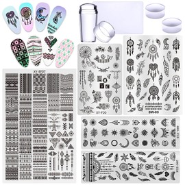 Juego de 5 placas de estampación de uñas estilo bohemio, plantilla geométrica con punta francesa, kit de estampación de uñas para uñas, salón de bricolaje, suministros de herramientas