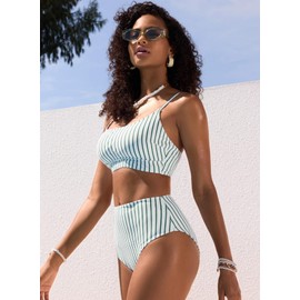 Herseas Women Bikini Sets Bathing Suit Two Piece 2025 Summer High Waist Swimwear Swimsuit Reversible Bottom Set Green Stripe Medium