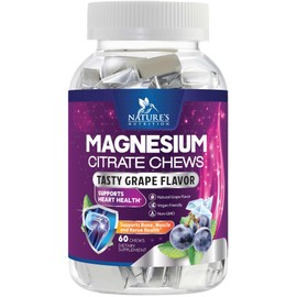 Nature's Nutrition Magnesium Chews Supplement with High Absorption Magnesium Citrate for Heart, Bone, Muscle, & Nerve Health Support, Calm Support Soft Chews, Vegan Chewable Gummies, Grape-Flavor - 60 Count per Pack