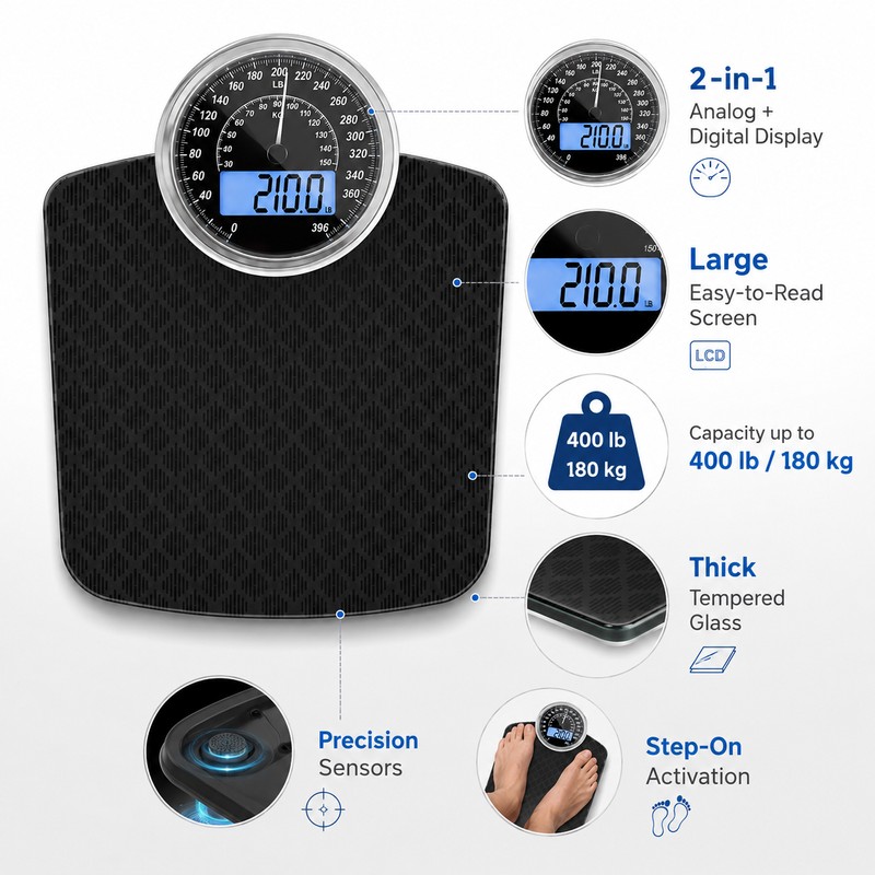 2-in-1 Analog & Digital Bathroom Scale – 400 lb Capacity