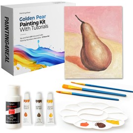 Painting4Real DIY Painting Kits for Adults and Kids with Video Tutorials: Learn How to Paint Golden Pear – Painting Set & Art Supplies Kit, Ideal for Modern Farmhouse Art – 9 Piece Acrylic Paint Set