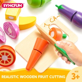 SYNCFUN Wooden Food Toys,Wooden Play Food sets for children Kitchen Cutting Fruits and Veg Toys Accessories,Toy Food Set for Kids Kitchen,Play Kitchen Accessories for Boy or Girl 3+ Year Old Gift