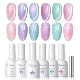 PEACECOLOR UV Nail Polish Cat Eye UV Gel 10 ml - 6 Colours Pink Blue Purple Gel Nail Polish Pearl Effect Soak Off Nail Polish Shell Swirl Effect Cat Eye for Manicure and Nail Art DIY